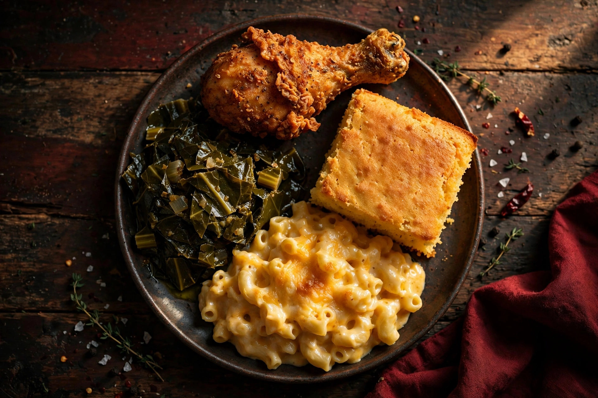 Loaded Southern plate — fried chicken, mac and cheese, greens and cornbread