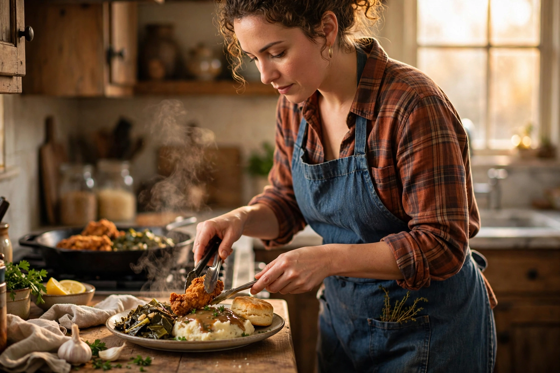 Home cook plating Southern food in a warm kitchen